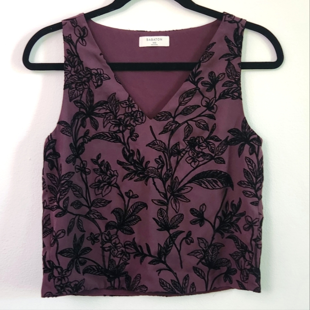 Aritzia Plum Purple Black Floral Textured Sleeveless V-neck Blouse